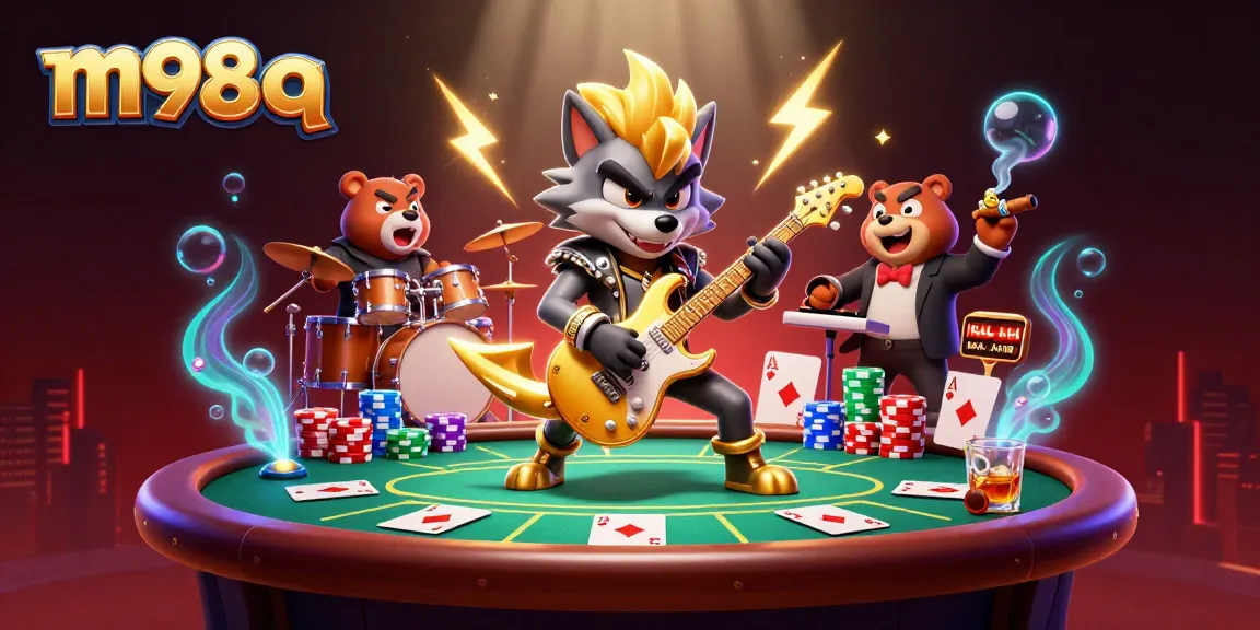 Experience thrilling excitement with m98 q at this vibrant casino scene featuring a rock star wolf and a bear drummer.