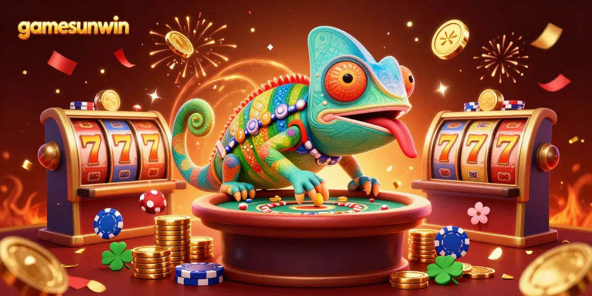 Experience the thrills of gamesunwin with vibrant chameleon and slot elements in a dynamic casino scene.