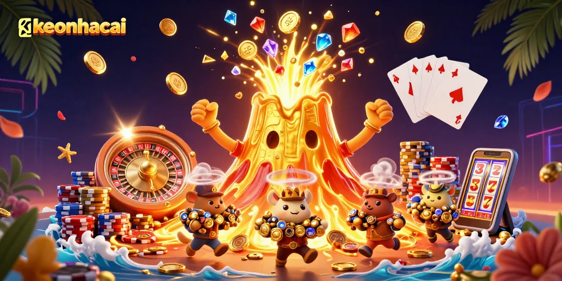 Experience the excitement of keonhacai with a triumphant volcano erupting coins and gems.