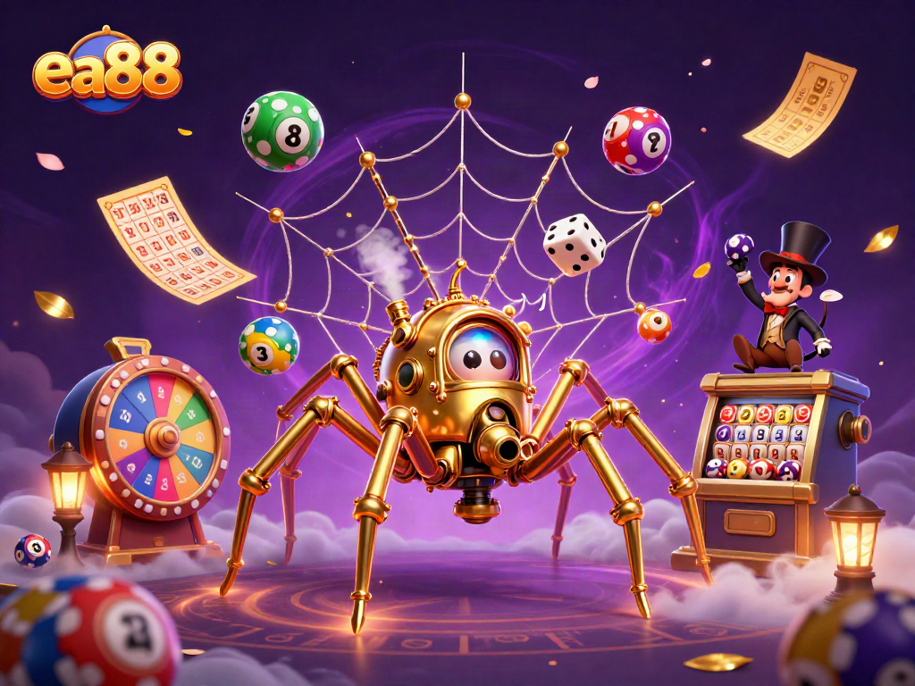 Experience the excitement of ea88 with the golden spider webbing together lucky dice and vibrant lottery balls.
