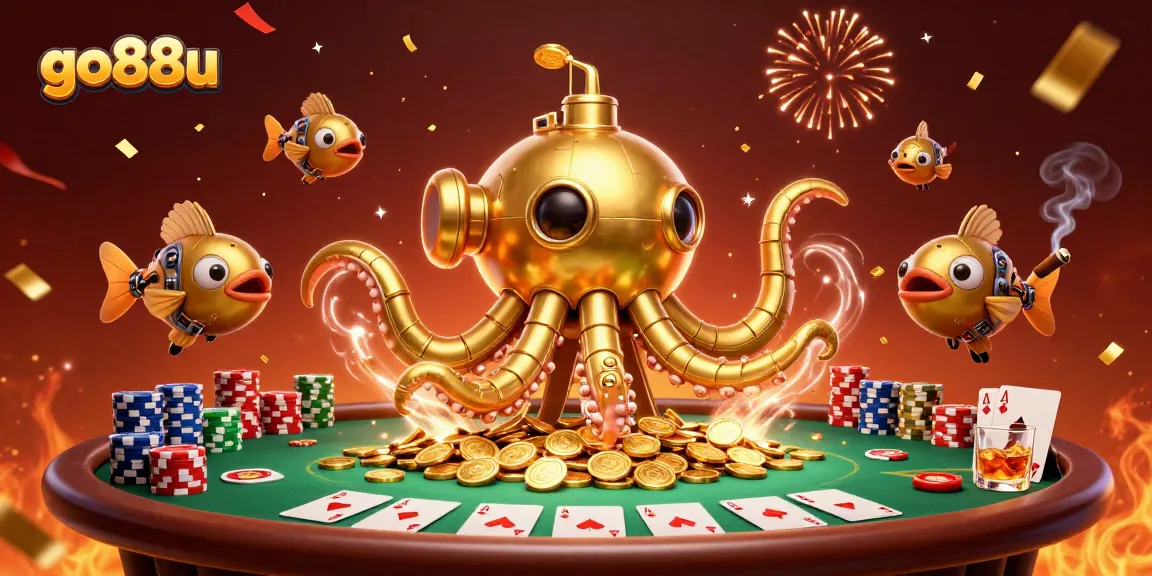 Join the go88u adventure with a golden kraken submarine amidst exciting poker elements.