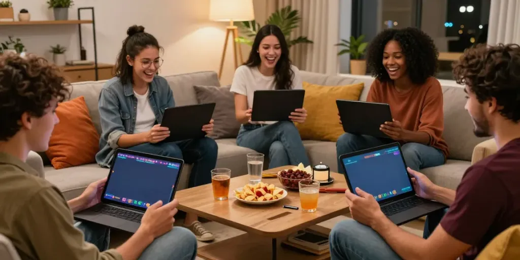 Friends enjoying a lively gaming session on http://11bet-app.net/ in a cozy living room.